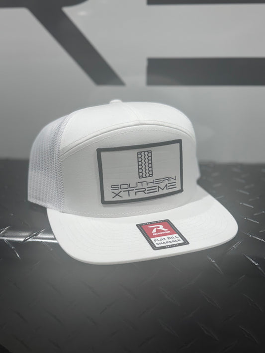 White 7 Panel Trucker Hat- Woven Patch